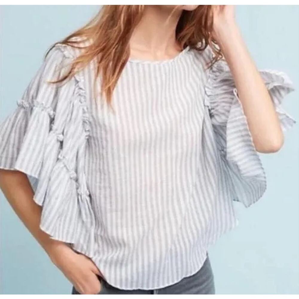 Chelsea Theodore Blouse Womens XS Green Striped Ruffle Tiered‎ Boho Gauze Resort